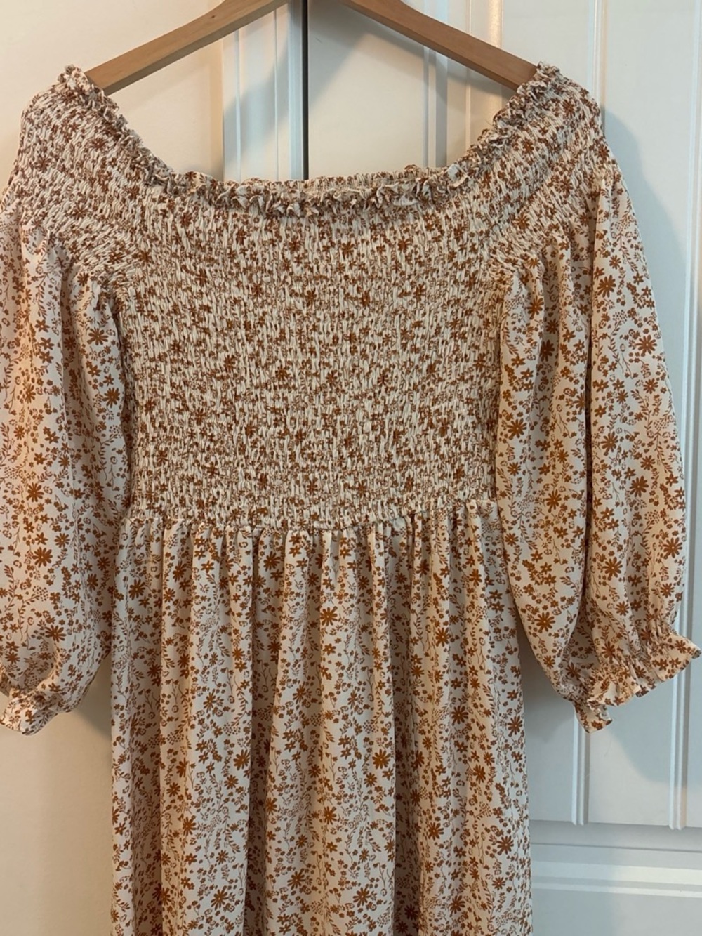 Pink Lily Smocked Off-Shoulder Floral Midi Dress - Cream & Brown size M